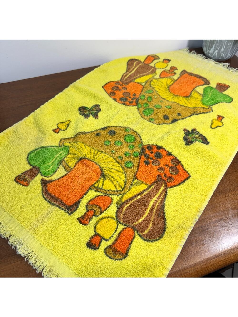 Vintage 70s Cannon Merry Mushroom Hand Towel Yellow Fringe Retro